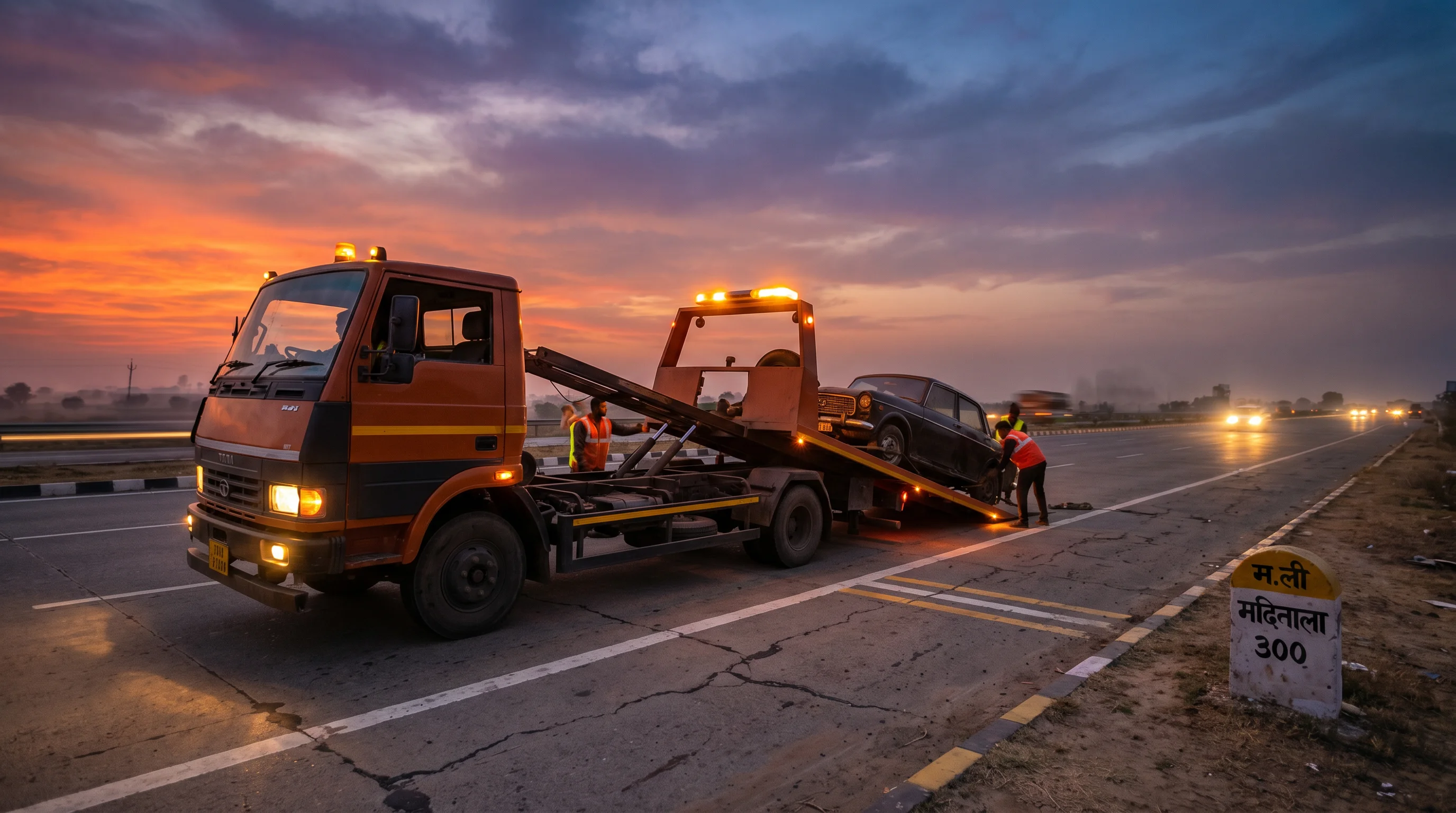 TowReach Us tow truck on Indian highway at dusk