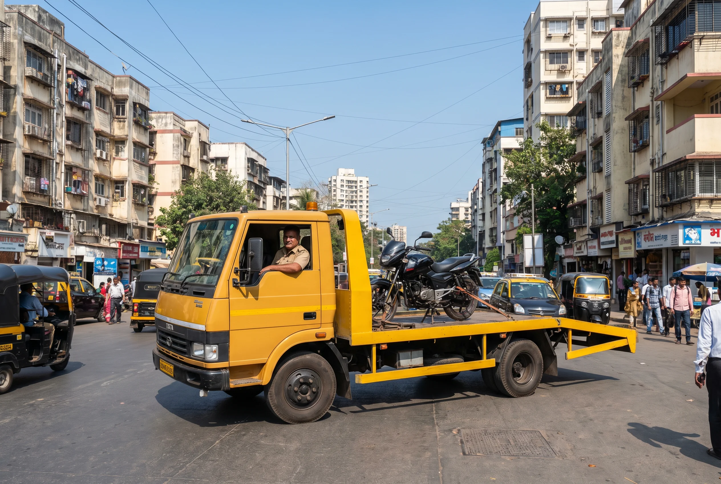 TowReach Us flatbed tow truck loading a car